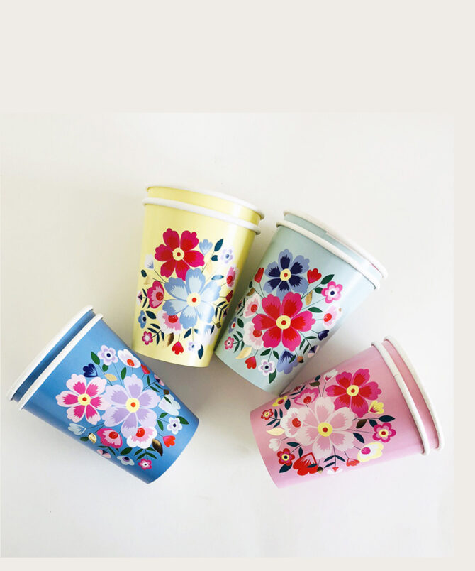 blue green yellow pink butterfly flowers cups birthday party girls