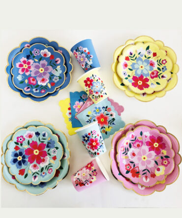 blue green yellow pink butterfly flowers plates cups napkins birthday party girls